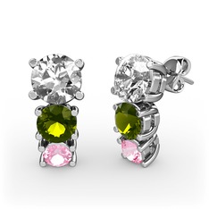 Scala Küpe - Beyaz zirkon, peridot ve pembe kuvars 14 ayar beyaz altın küpe #maze1v