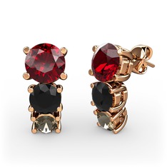 Garnet, siyah zirkon ve dumanlı kuvars 18 ayar rose altın küpe