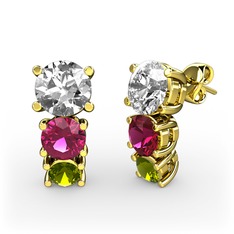 Beyaz zirkon, rodolit garnet ve peridot 8 ayar altın küpe