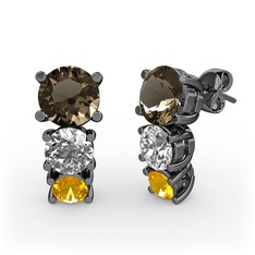 Scala Küpe - Dumanlı kuvars, pırlanta ve sitrin 925 ayar siyah rodyum kaplama gümüş küpe (0.48 karat) #plbht5