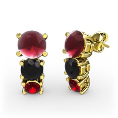 Kök yakut, siyah zirkon ve garnet 14 ayar altın küpe