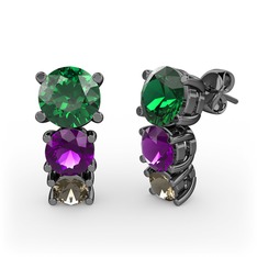 Yeşil kuvars, ametist ve dumanlı kuvars 925 ayar siyah rodyum kaplama gümüş küpe