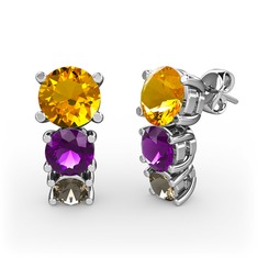 Scala Küpe - Sitrin, ametist ve dumanlı kuvars 14 ayar beyaz altın küpe #rmjt1m