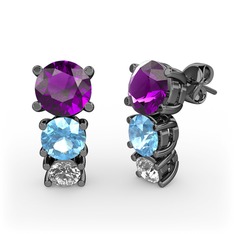 Ametist, akuamarin ve swarovski 925 ayar siyah rodyum kaplama gümüş küpe