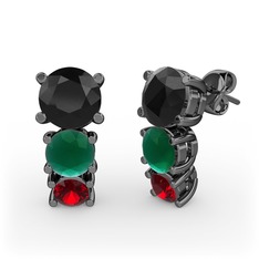 Siyah zirkon, kök zümrüt ve garnet 925 ayar siyah rodyum kaplama gümüş küpe