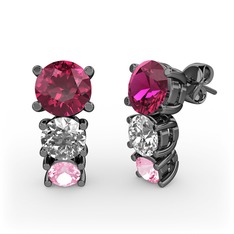 Scala Küpe - Rodolit garnet, pırlanta ve pembe kuvars 925 ayar siyah rodyum kaplama gümüş küpe (0.48 karat) #s68bkp
