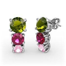 Scala Küpe - Peridot, rodolit garnet ve pembe kuvars 14 ayar beyaz altın küpe #sbjubx