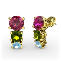 Rodolit garnet, peridot ve akuamarin 18 ayar altın küpe