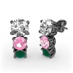 Scala Küpe - Pırlanta, pembe kuvars ve kök zümrüt 925 ayar siyah rodyum kaplama gümüş küpe (1 karat) #sfllfc