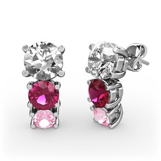 Scala Küpe - Pırlanta, rodolit garnet ve pembe kuvars 14 ayar beyaz altın küpe (1 karat) #sx8dm1
