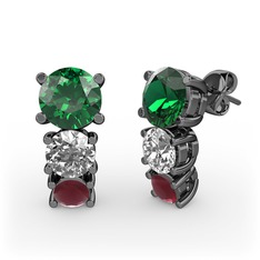 Scala Küpe - Yeşil kuvars, beyaz zirkon ve kök yakut 925 ayar siyah rodyum kaplama gümüş küpe #t0bqr1