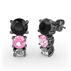 Siyah zirkon, pembe kuvars ve swarovski 925 ayar siyah rodyum kaplama gümüş küpe