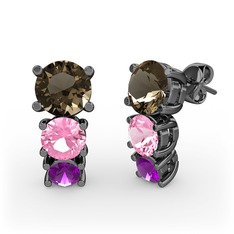 Dumanlı kuvars, pembe kuvars ve ametist 925 ayar siyah rodyum kaplama gümüş küpe