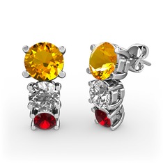 Sitrin, beyaz zirkon ve garnet 925 ayar gümüş küpe