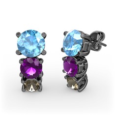 Akuamarin, ametist ve dumanlı kuvars 925 ayar siyah rodyum kaplama gümüş küpe