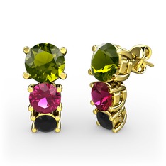Peridot, rodolit garnet ve siyah zirkon 14 ayar altın küpe
