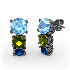 Akuamarin, peridot ve lab safir 925 ayar siyah rodyum kaplama gümüş küpe