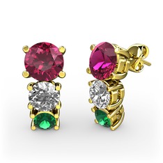 Rodolit garnet, swarovski ve yeşil kuvars 18 ayar altın küpe