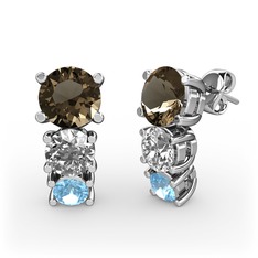 Dumanlı kuvars, swarovski ve akuamarin 8 ayar beyaz altın küpe