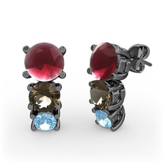 Scala Küpe - Kök yakut, dumanlı kuvars ve akuamarin 925 ayar siyah rodyum kaplama gümüş küpe #z0g5kk