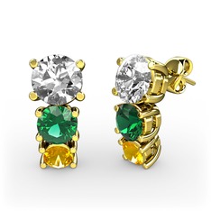 Beyaz zirkon, yeşil kuvars ve sitrin 18 ayar altın küpe