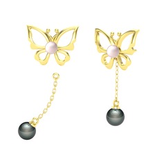 İncili Kelebek Küpe - Pembe inci ve siyah inci 925 ayar altın kaplama gümüş küpe #r6u4z4