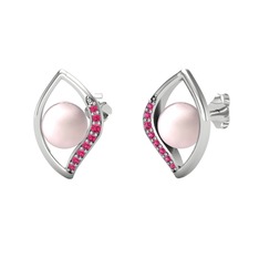 İnci Göz Küpe - Pembe inci ve rodolit garnet 8 ayar beyaz altın küpe #1lj2ggd