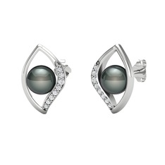 İnci Göz Küpe - Siyah inci ve pırlanta 14 ayar beyaz altın küpe (0.24 karat) #9g7mfk