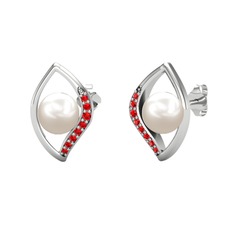 İnci Göz Küpe - Inci ve garnet 14 ayar beyaz altın küpe #9yyrw5