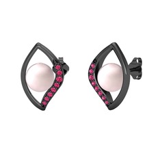 İnci Göz Küpe - Pembe inci ve rodolit garnet 925 ayar siyah rodyum kaplama gümüş küpe #almfaw