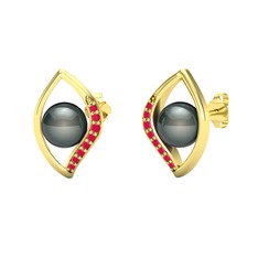 İnci Göz Küpe - Siyah inci ve kök yakut 925 ayar altın kaplama gümüş küpe #eugddx