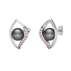 İnci Göz Küpe - Siyah inci ve pembe kuvars 925 ayar gümüş küpe #nav31m