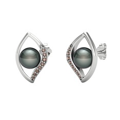 İnci Göz Küpe - Siyah inci ve dumanlı kuvars 8 ayar beyaz altın küpe #pg3rnu