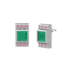 Kök zümrüt ve pembe kuvars 8 ayar beyaz altın küpe