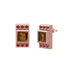 Dumanlı kuvars ve garnet 8 ayar rose altın küpe