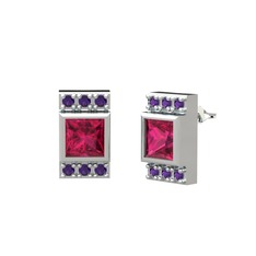 Minimal Lyn Küpe - Rodolit garnet ve ametist 8 ayar beyaz altın küpe #1y07844