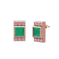 Kök zümrüt ve pembe kuvars 14 ayar rose altın küpe