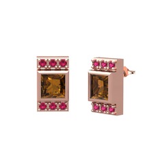 Minimal Lyn Küpe - Dumanlı kuvars ve rodolit garnet 18 ayar rose altın küpe #869xh5