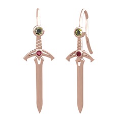 Peridot ve kök yakut 14 ayar rose altın küpe