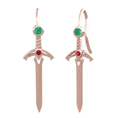 Kök zümrüt ve rodolit garnet 8 ayar rose altın küpe