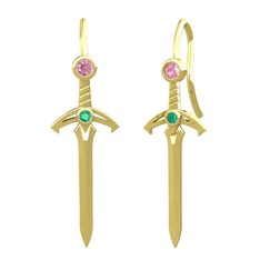 Kılıç Küpe - Pembe kuvars ve kök zümrüt 14 ayar altın küpe #1my5uou