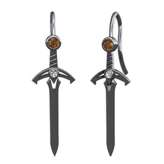 Kılıç Küpe - Dumanlı kuvars ve beyaz zirkon 925 ayar siyah rodyum kaplama gümüş küpe #1oq0hpw