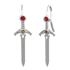 Garnet ve dumanlı kuvars 14 ayar beyaz altın küpe