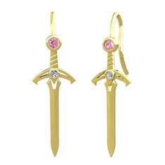 Pembe kuvars ve beyaz zirkon 18 ayar altın küpe