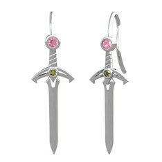 Kılıç Küpe - Pembe kuvars ve peridot 8 ayar beyaz altın küpe #j8vyka