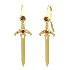 Kılıç Küpe - Dumanlı kuvars ve rodolit garnet 925 ayar altın kaplama gümüş küpe #komqyx