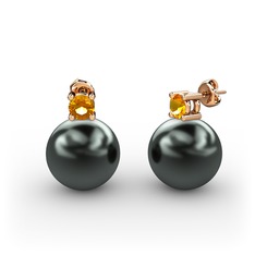 Tektaş İnci Küpe - Siyah inci ve sitrin 925 ayar rose altın kaplama gümüş küpe #12ktmgn