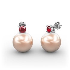 Tektaş İnci Küpe - Pembe inci ve garnet 18 ayar beyaz altın küpe #1woin9f