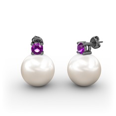 Tektaş İnci Küpe - Inci ve ametist 925 ayar siyah rodyum kaplama gümüş küpe #dh76