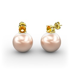 Tektaş İnci Küpe - Pembe inci ve sitrin 18 ayar altın küpe #m386bp